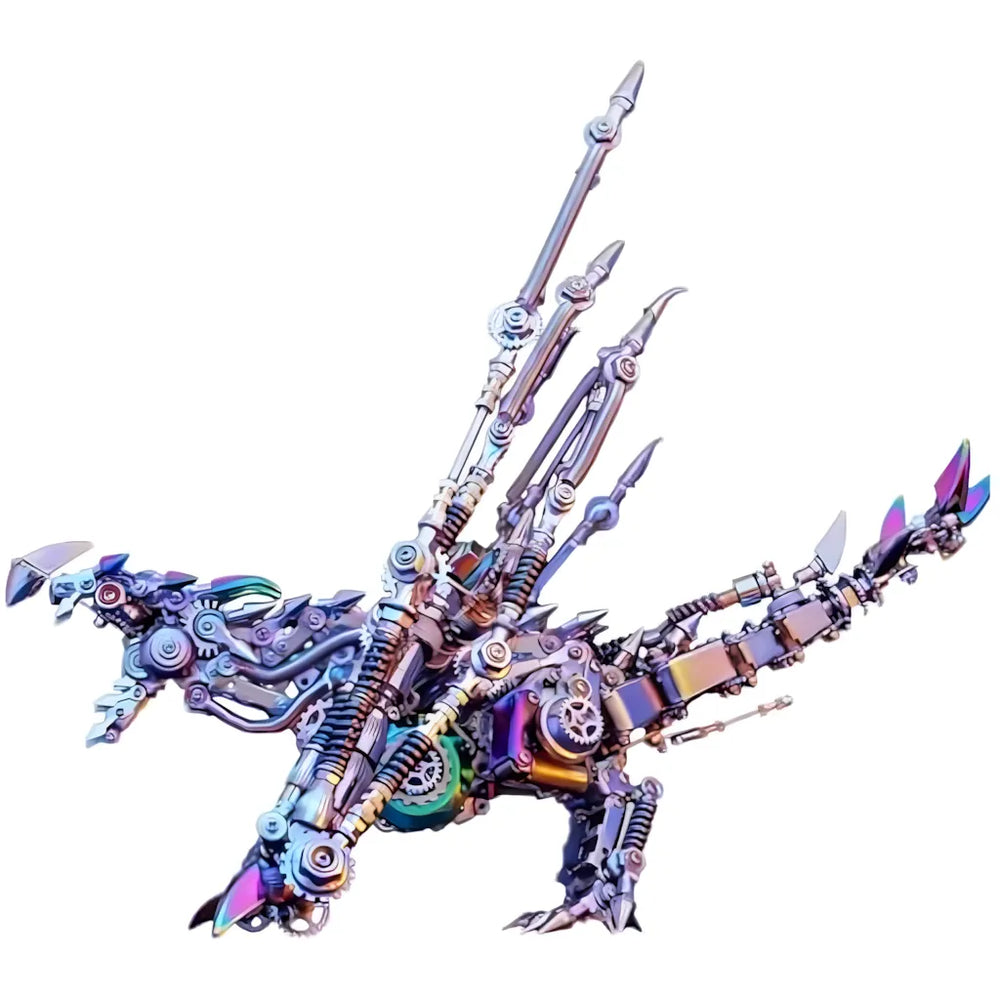 The Mechanical Wyvern Kit, a 1300+ piece 3D metal puzzle, showing its cybernetic wings and iridescent plating on a white background