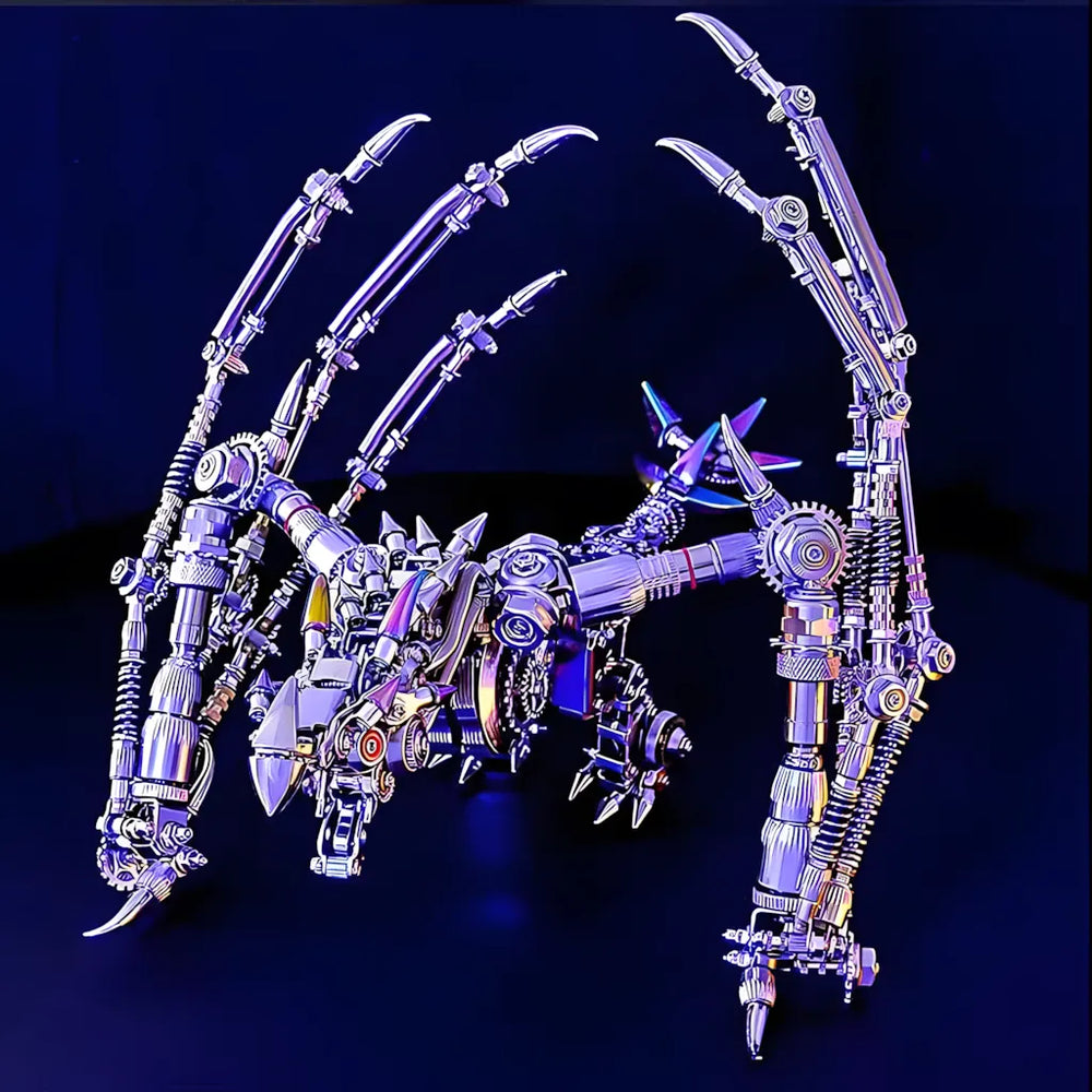 The Mechanical Wyvern with its massive, articulated wings fully spread, showing the full scale of the robot dragon in a dark scene