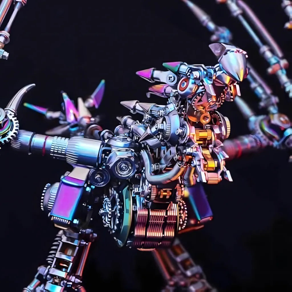 Macro close-up of the cyberpunk dragon's torso, detailing the 1300+ piece exposed gear system, pistons, and iridescent armor panels.