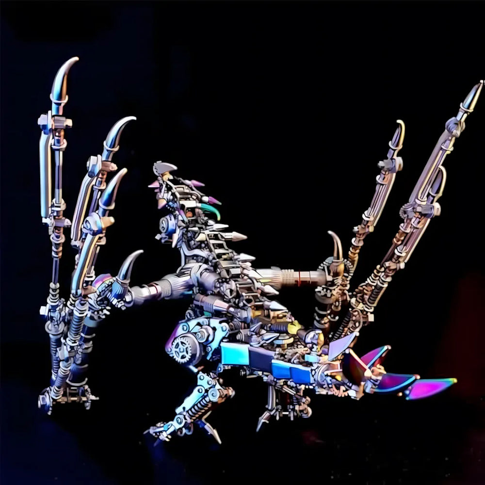 The Mechanical Wyvern standing tall with its segmented wings raised, showing the detailed side profile and iridescent tail accents.