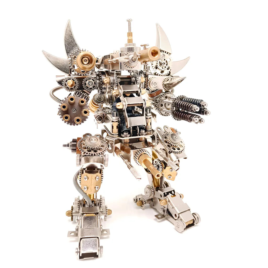 The mech robot in a crouching battle-ready pose, highlighting its armored chassis and golden components against white