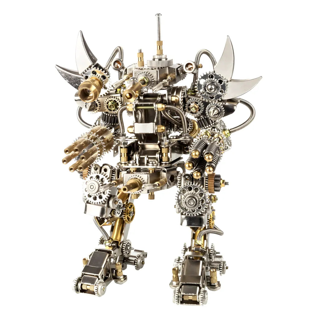 The Heavy Assault Mech Model Kit, a steampunk 3D metal puzzle, shown with twin gatling guns on a clean white background