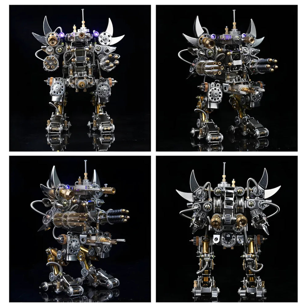 A multi-quadrant image of the heavy assault mech on a black background, showing its glowing light effects and detailed back structure