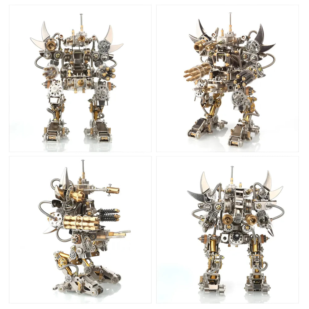 A multi-quadrant image showing the Steampunk Mech in various poses (front, side, three-quarter), emphasizing articulation and heavy armor.