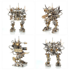 A multi-quadrant image showing the Steampunk Mech in various poses (front, side, three-quarter), emphasizing articulation and heavy armor.