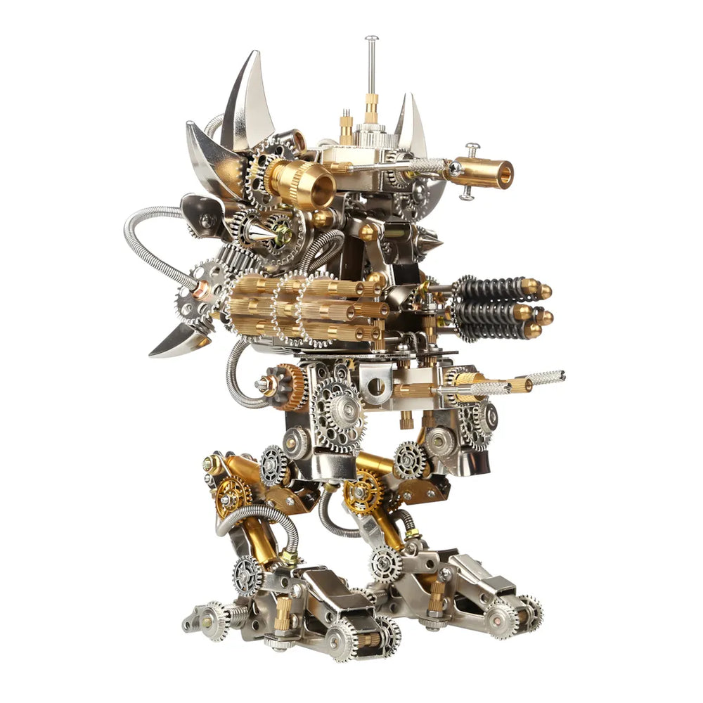 Side profile of the Heavy Assault Mech, emphasizing the long-barreled brass weapons and thick, articulated leg design