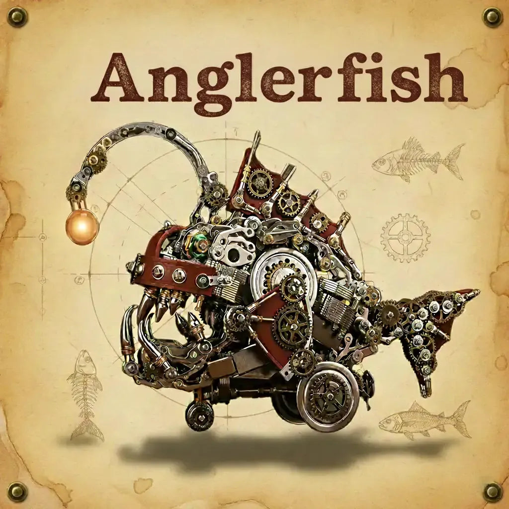 Artistic rendering of the Mechanical Anglerfish on a parchment background with blueprint markings, labeling it ""Anglerfish."""