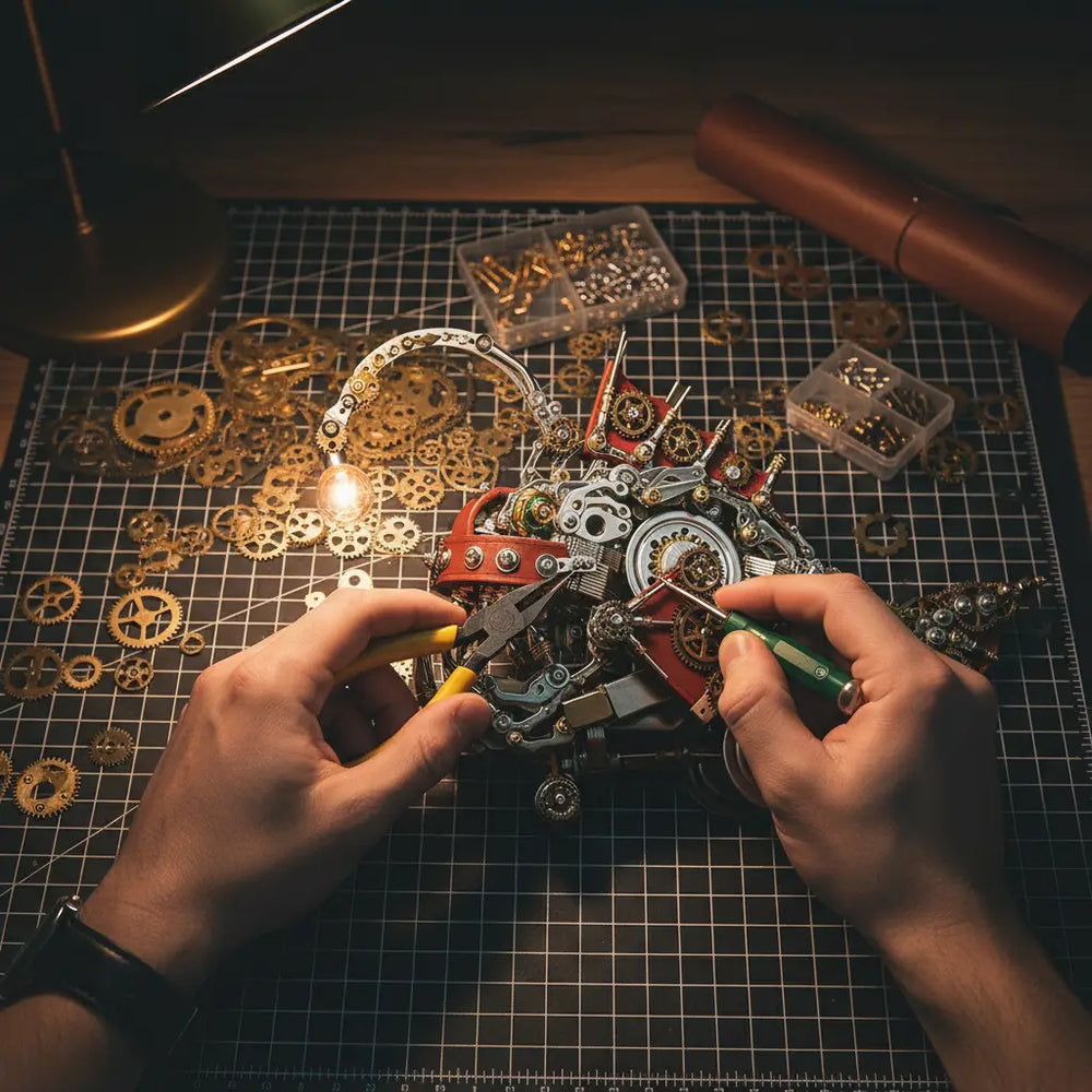 A close-up shot of hands assembling the expert-level 3D metal puzzle, showing the intricacy of joining the gears and copper body plates.