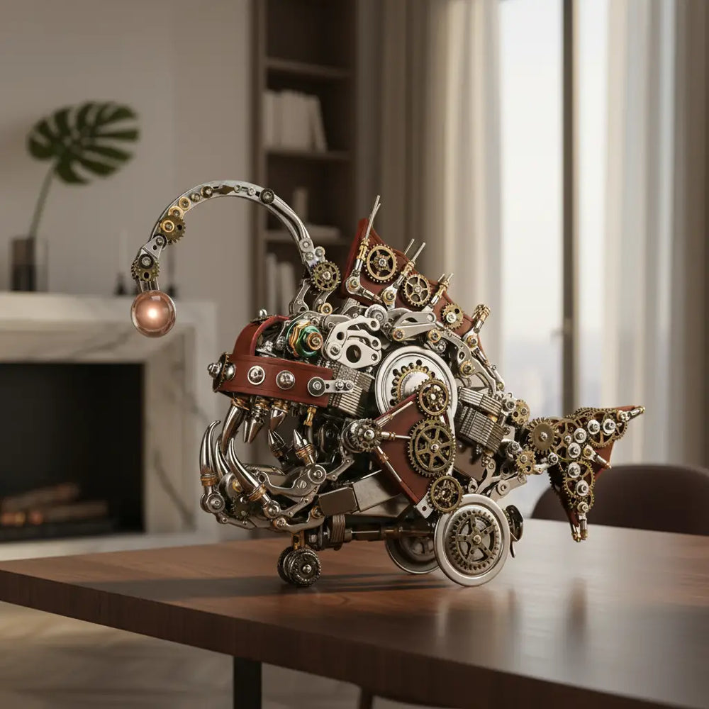 The finished steampunk fish model placed on a wooden table in a well-lit living room, highlighting its use as desk decor.
