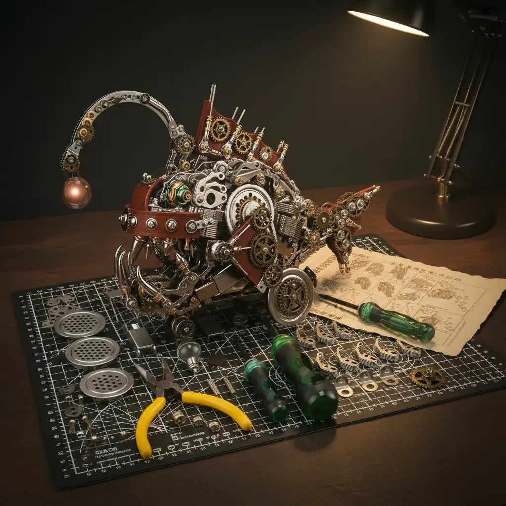 A scene showing the 1170+ piece DIY kit contents, including tools, parts, assembly mat, and instruction paper on a workbench.