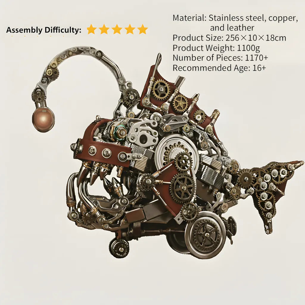 The Mechanical Anglerfish model displayed with its key specifications: 1170+ pieces, expert difficulty, and 1100g weight.