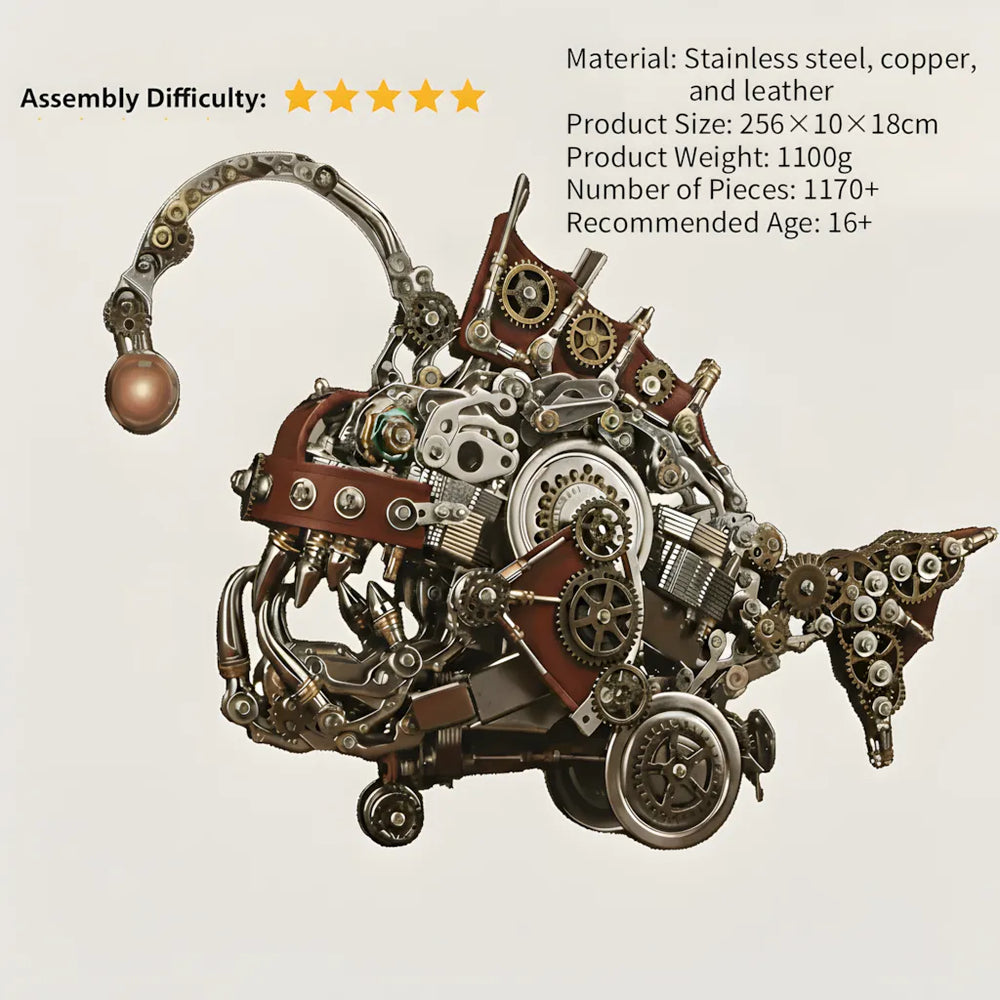 The Mechanical Anglerfish model displayed with its key specifications: 1170+ pieces, expert difficulty, and 1100g weight.