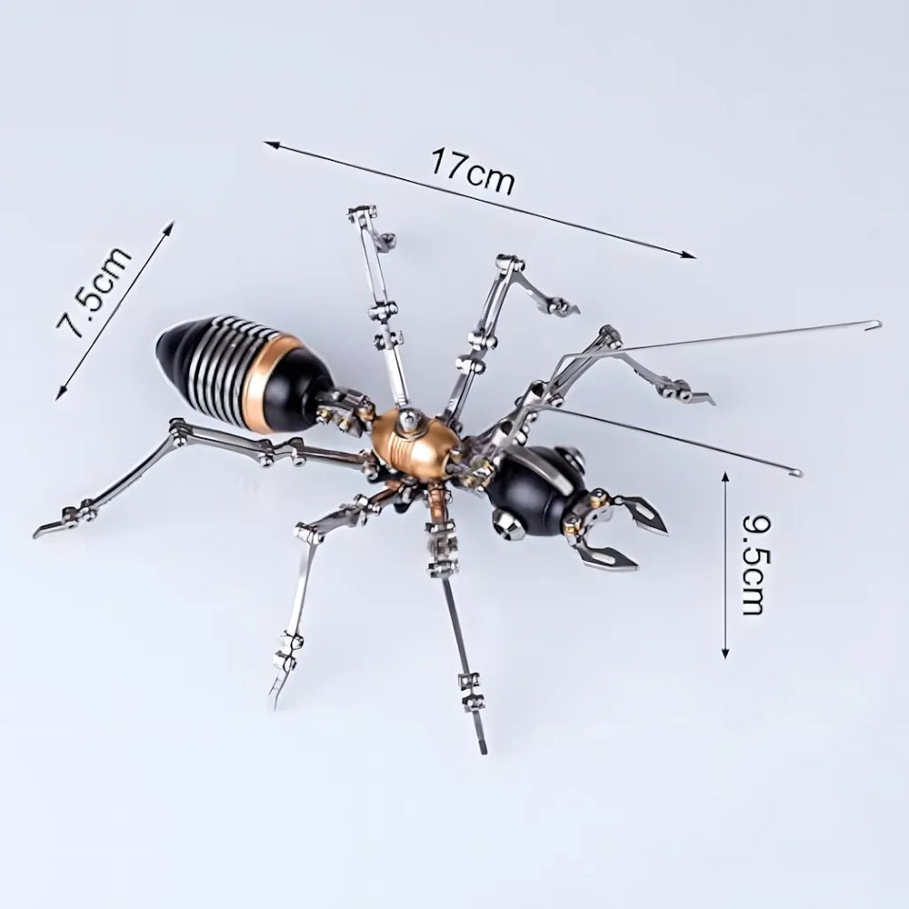 The Mechanical Ant Model Kit in black and gold, displayed with its finished dimensions: 17cm length, 9.5cm height, and 7.5cm width