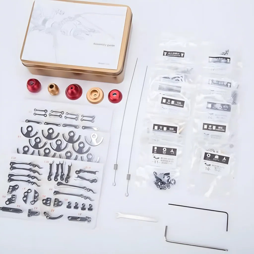The complete DIY Mechanical Ant kit contents, showing the flat metal sheets, tools, and metal storage tin