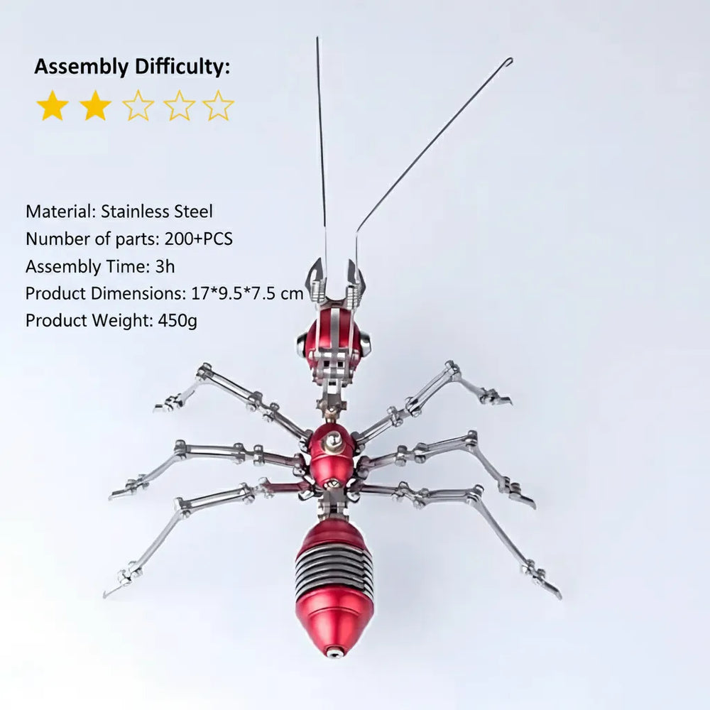 Top view of the red mechanical ant with key specifications: 200+ parts, 3-hour assembly time, and Stainless Steel material