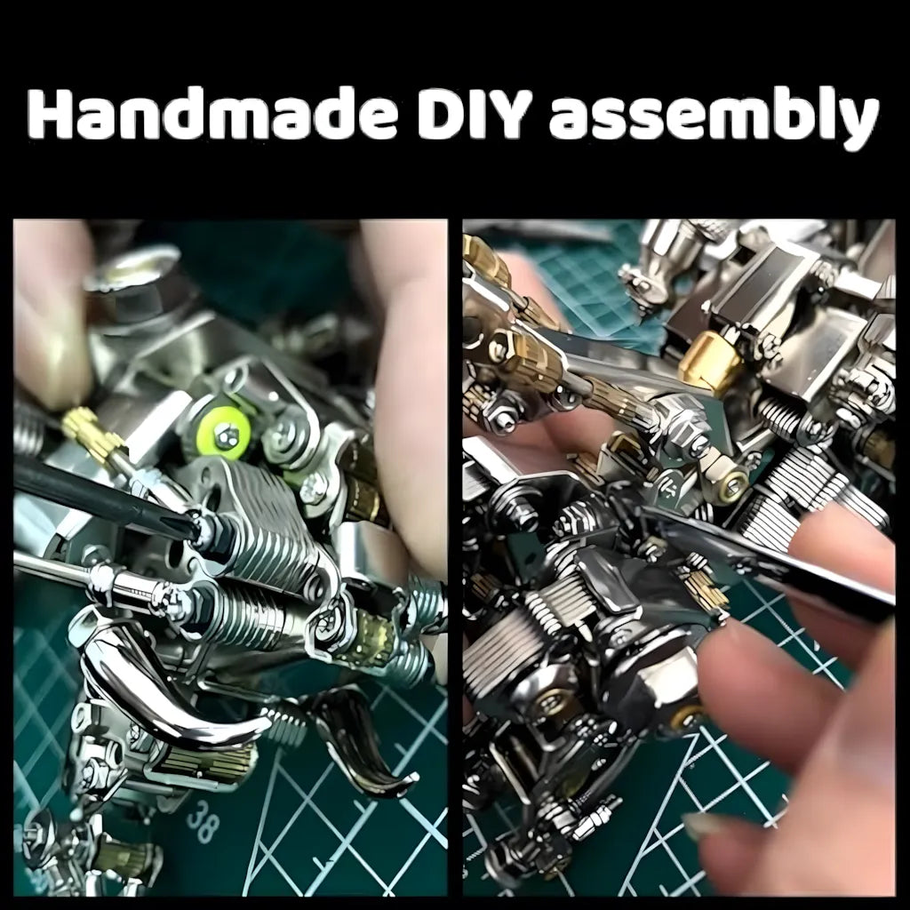 Hands assembling the Mechanical Astronaut Model Kit, demonstrating the intricate process of connecting the metal components