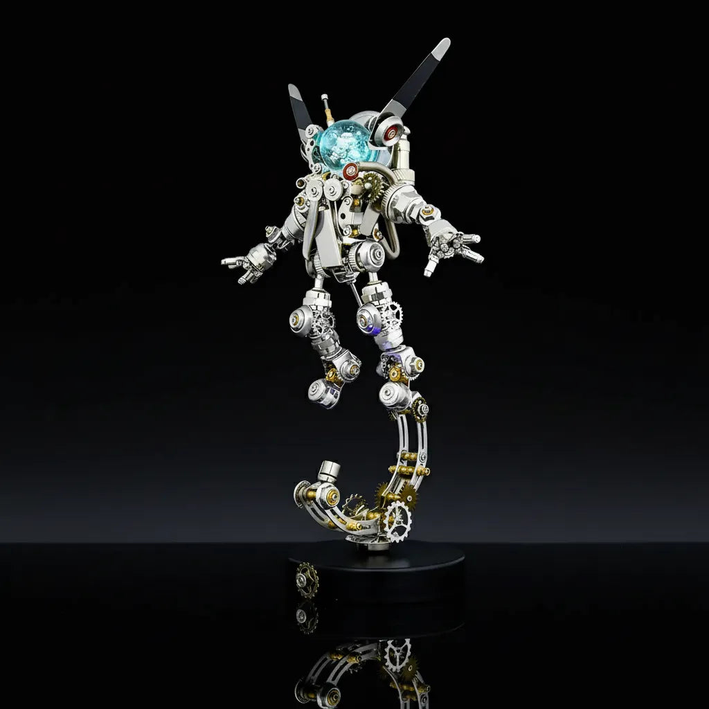 Assembled mechanical astronaut model kit, a steampunk 3D metal puzzle, shown in a zero-gravity pose on its geared stand