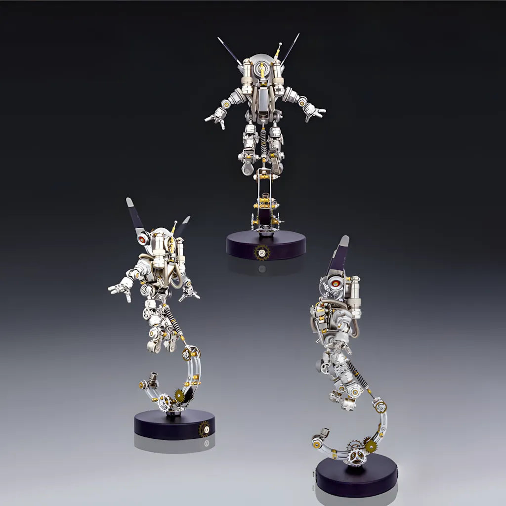 Three views of the finished Mechanical Astronaut Model Kit, showcasing the detailed back, side, and front floating poses