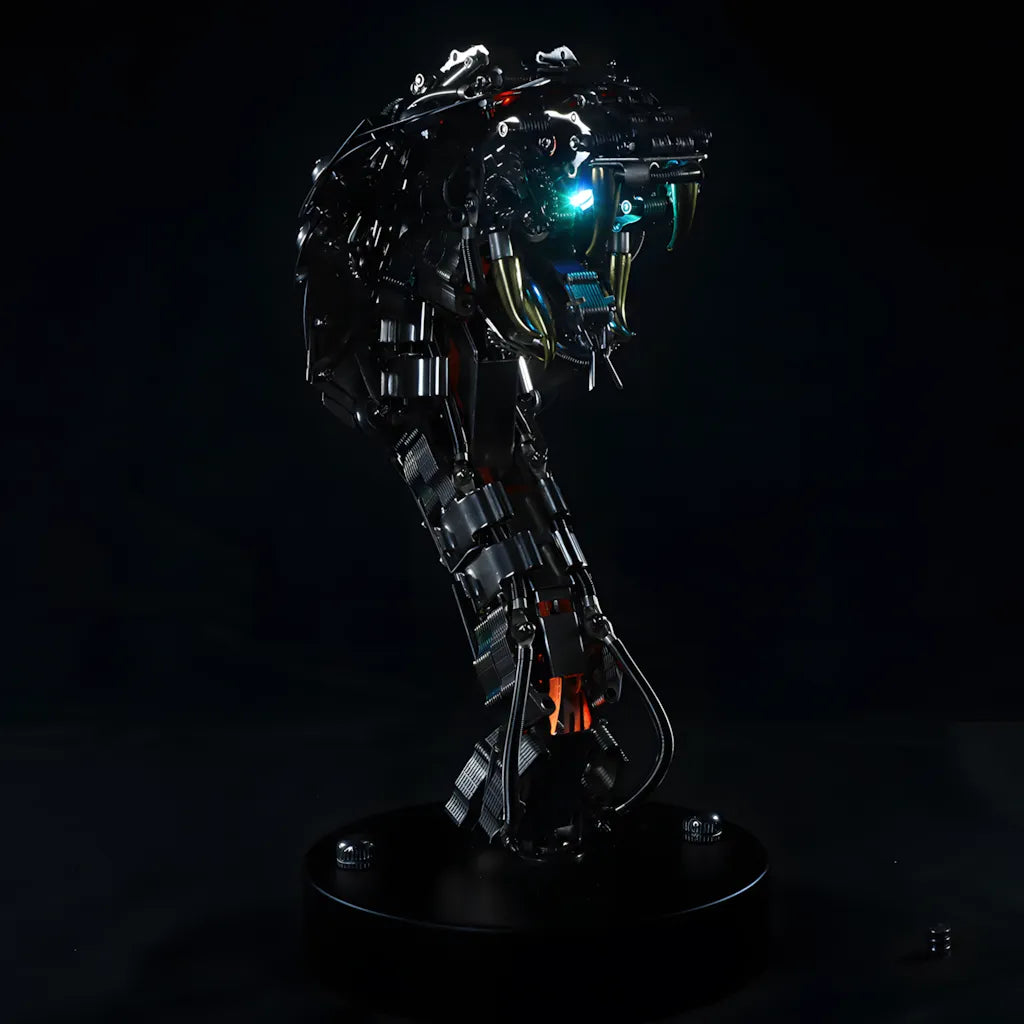 The robot snake head bust displaying a blue light variant within the head and neck segments.