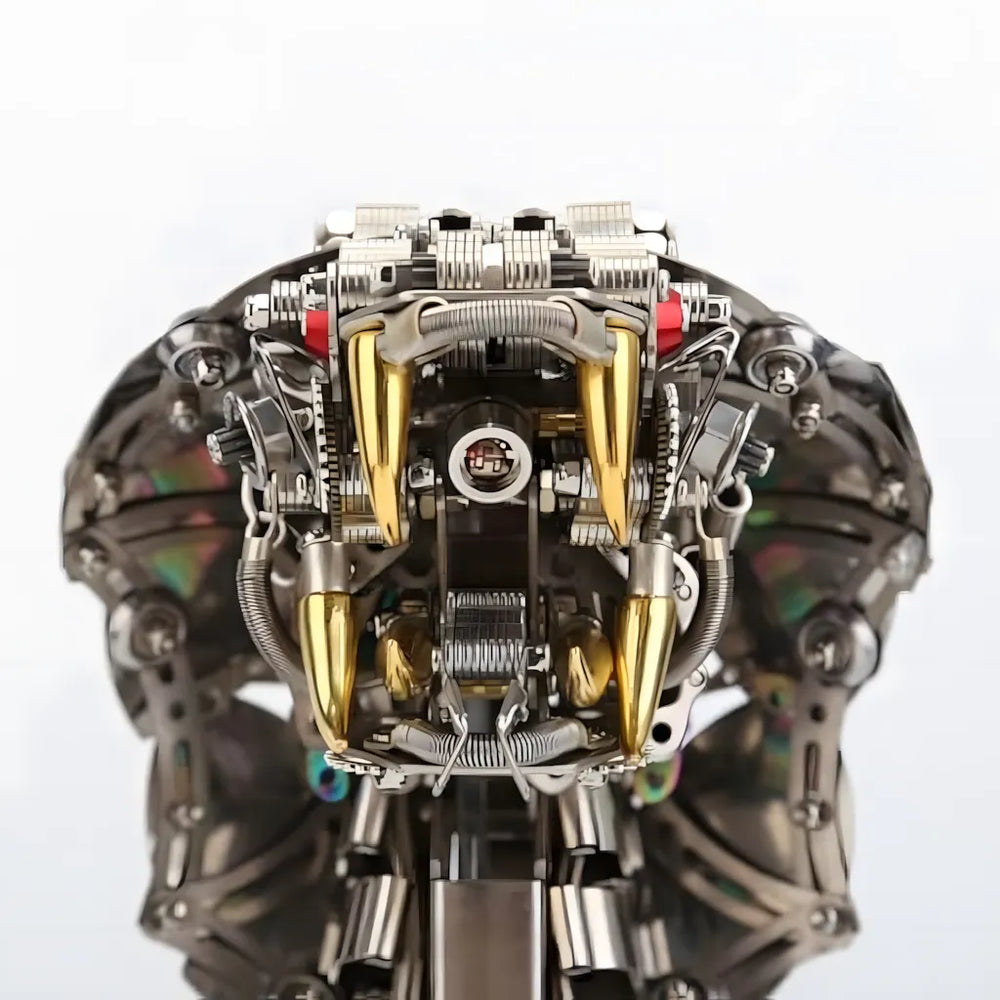 Close-up macro shot of the golden fangs and intricate jaw mechanism of the cobra head 3D puzzle against a white background