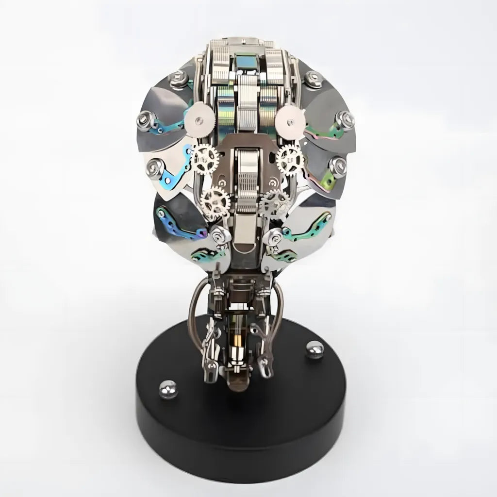 Front view of the Steampunk Cobra bust on its base, showcasing the wide hood and the intricate armor plates with iridescent color accents.