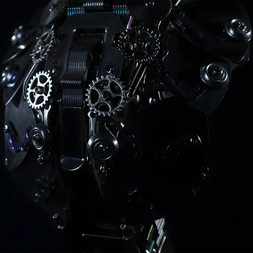 Macro detail shot of the steampunk cobra neck, focusing on the exposed interlocking gears, springs, and iridescent color highlights.