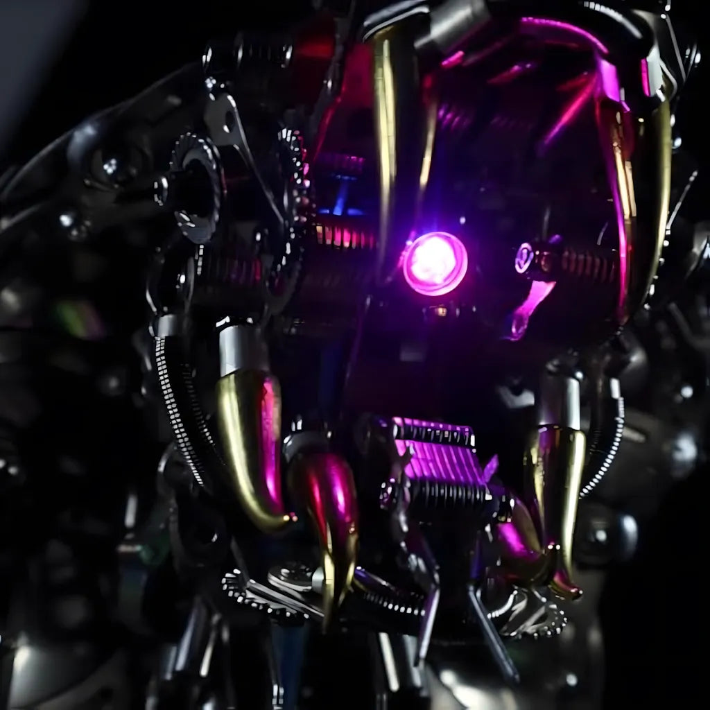 Extreme close-up of the cobra head interior, showing the glowing purple light inside the jaw area and the intricate wiring.