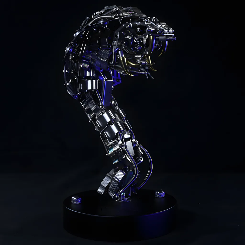 The Mechanical Cobra Head illuminated by ambient purple light, emphasizing the metallic components and segmented neck