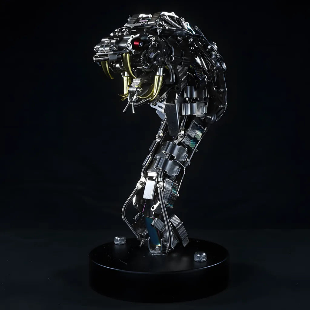 Side profile of the robot snake head bust on a black background, highlighting the articulated neck and golden fangs.