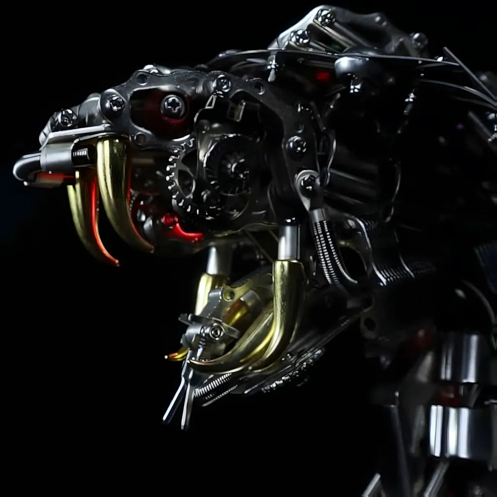Side profile close-up of the robot snake head, highlighting the golden fangs, red eyes, and complex gearwork near the jaw.