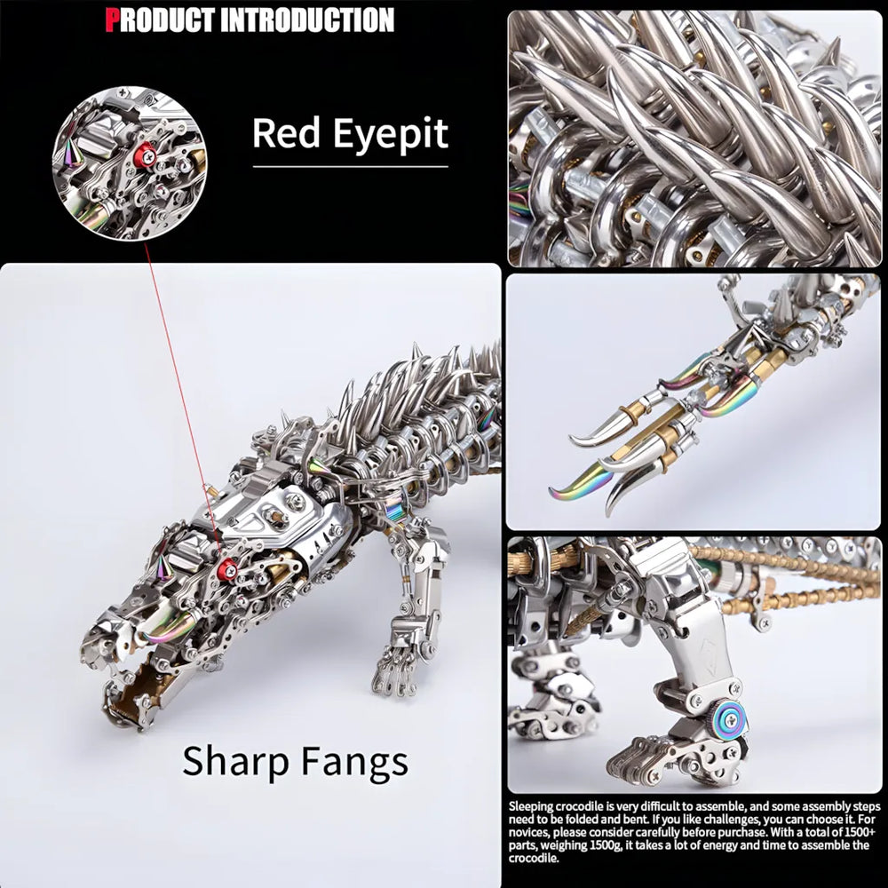 A collage highlighting key features: the red eye, sharp fangs, articulated claws, and the segmented body of the crocodile model