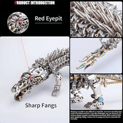 A collage highlighting key features: the red eye, sharp fangs, articulated claws, and the segmented body of the crocodile model