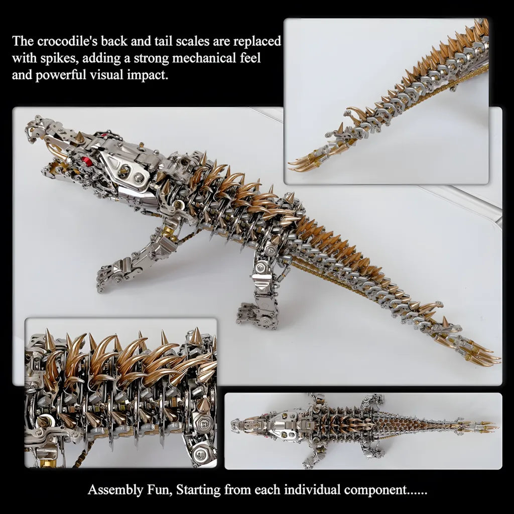 A detailed view of the golden dorsal spines along the back and tail of the 1500+ piece 3D metal crocodile puzzle