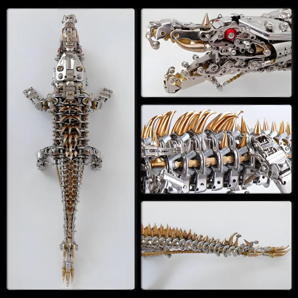 A top-down view of the Mechanical Crocodile, showcasing its golden dorsal spines and intricate body structure