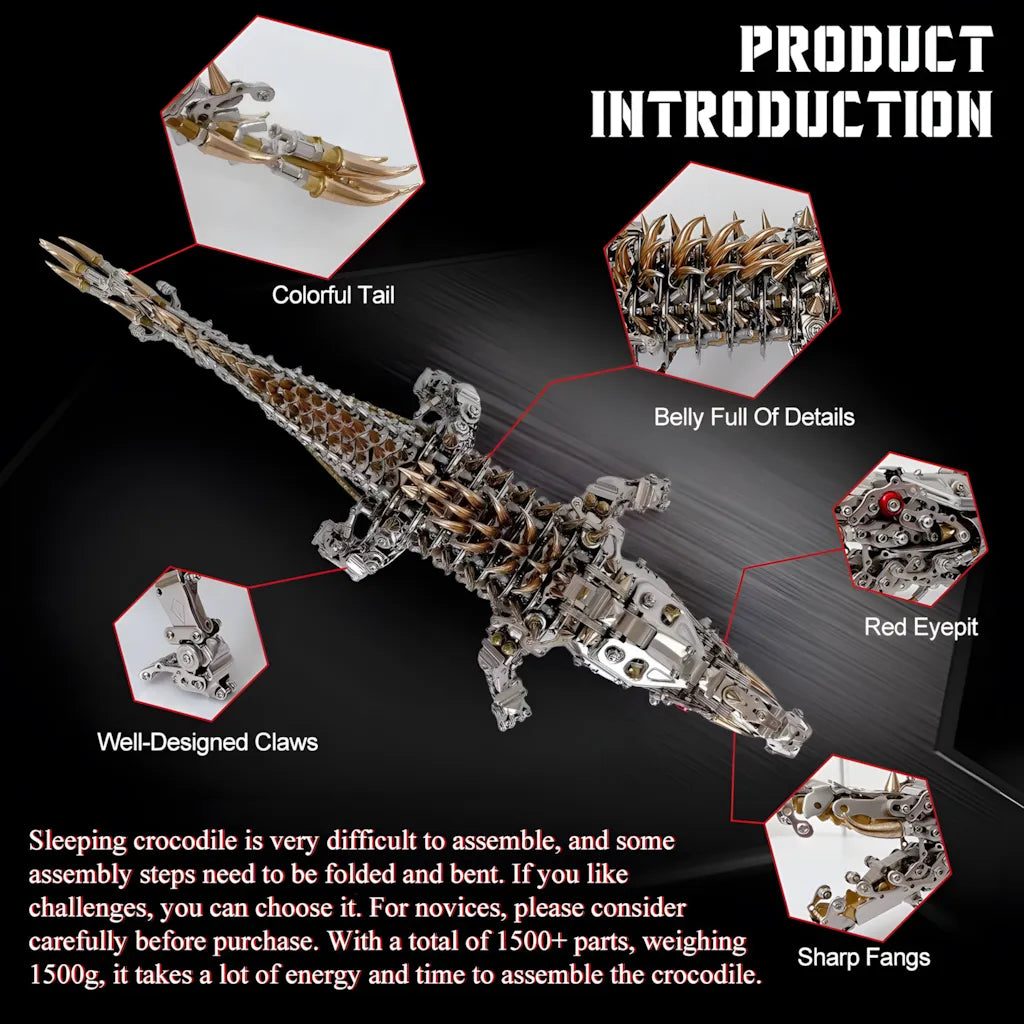 A bottom view of the Mechanical Crocodile, highlighting its 'belly full of details', colorful tail, and sharp fangs