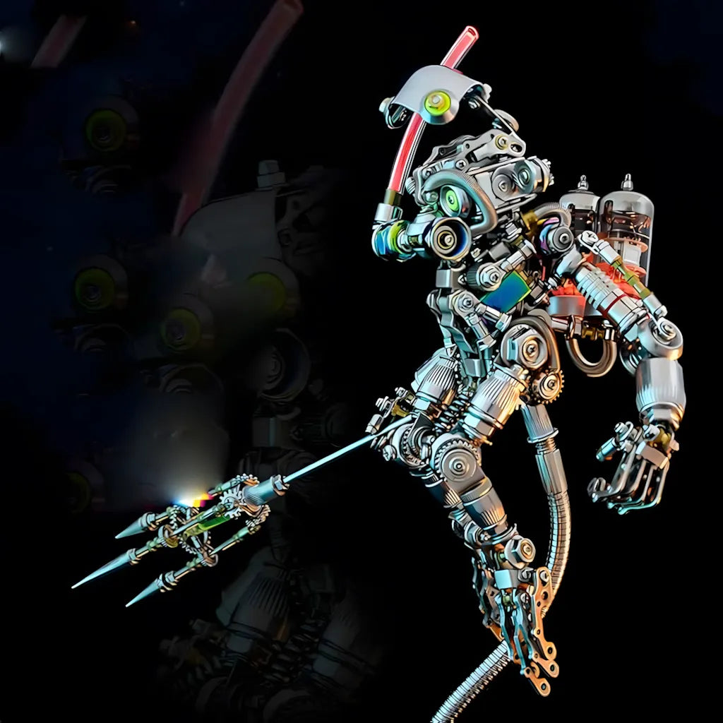 The Mechanical Diver Ape in an aggressive, gravity-defying pose, with its weapon, a three-pronged, light-up trident, extended