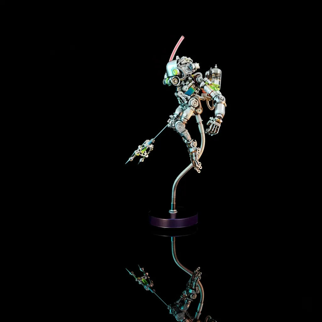 The Mechanical Diver Ape Model Kit, a steampunk 3D metal puzzle, shown floating above its base via a flexible stand, holding a trident.