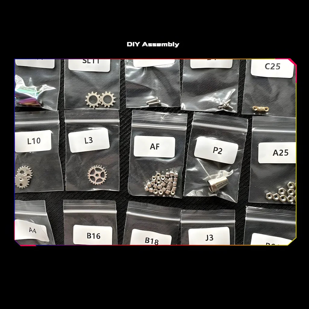 Close-up of packaged components for the DIY robot, showing categorized bags of gears, nuts, and bolts ready for assembly