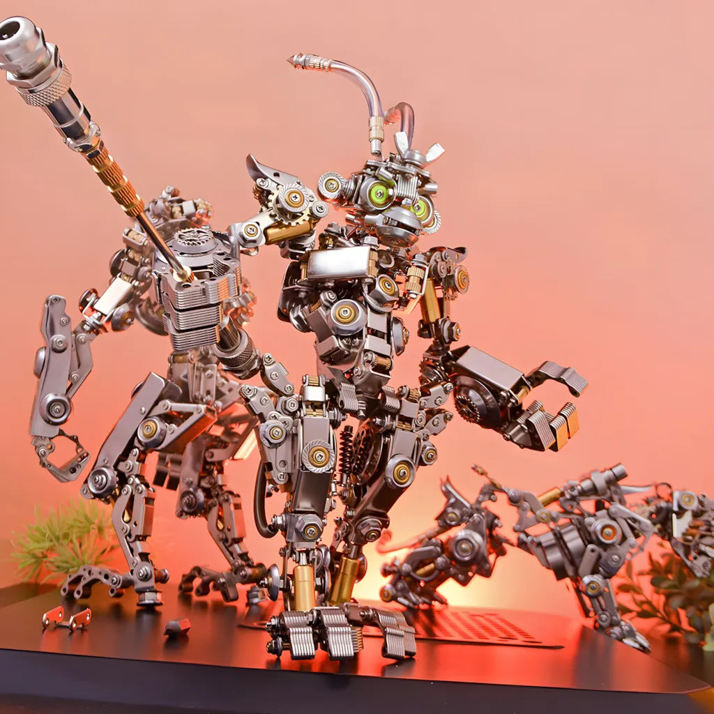 A dynamic scene featuring the Mechanical Monkey King warrior mech and other small mechanical figures in an action setting.