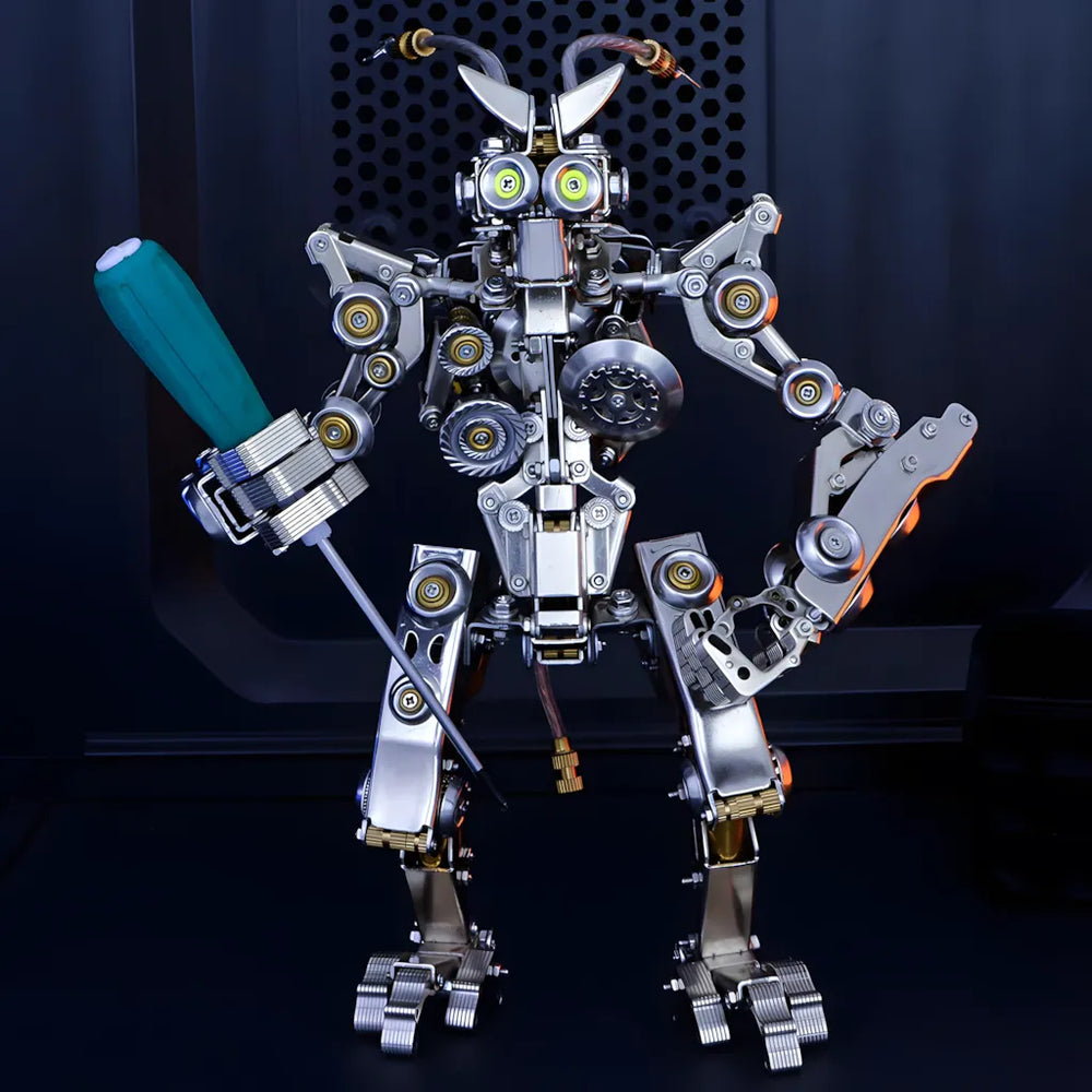 The robot mech model holding a screwdriver, emphasizing that assembly tools are included for this DIY kit.