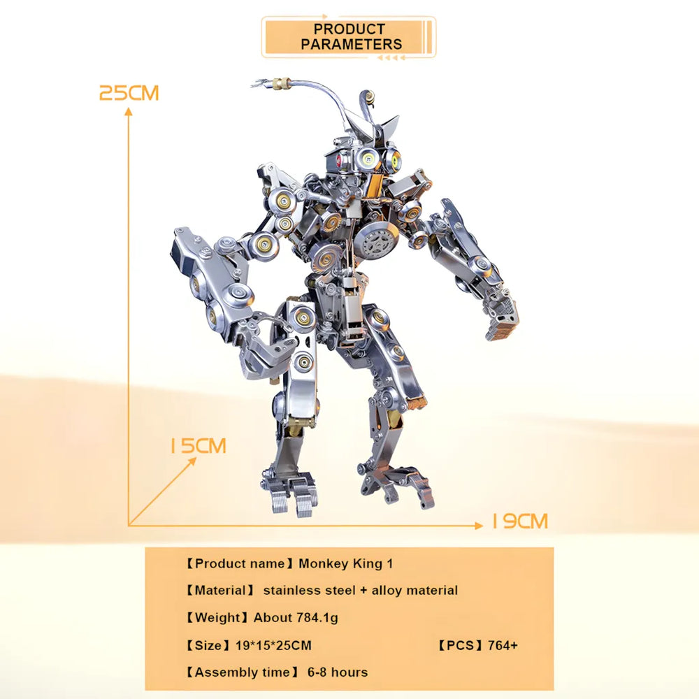 The Mechanical Monkey King Model Kit with dimensions (25cm height) and key specs: 764+ parts, 6-8 hour assembly time