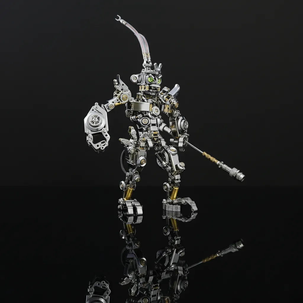 The Mechanical Monkey King robot in full battle stance, reflecting on a black surface, highlighting the staff and detailed armor.