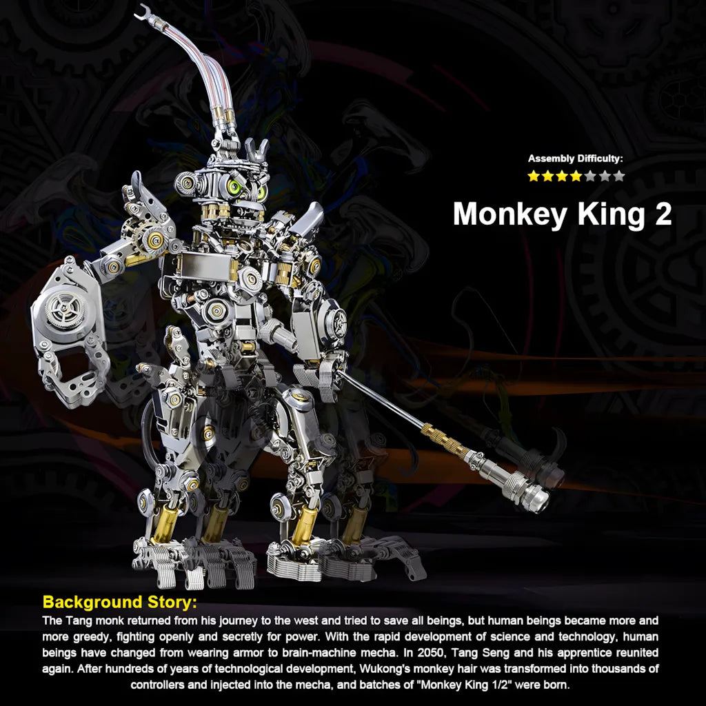 The Monkey King mech model displayed with its background story and 4/5 star assembly difficulty rating.