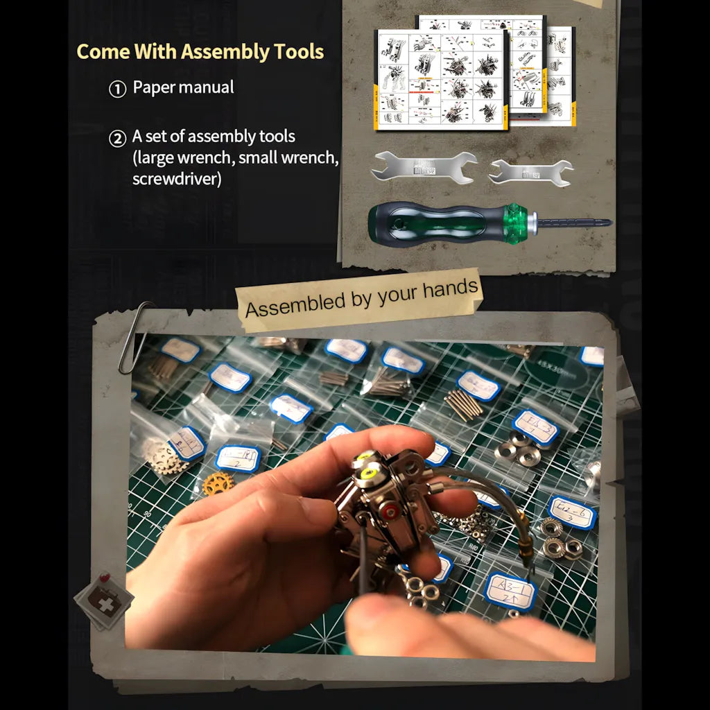 Image showing the included assembly tools (wrench, screwdriver) and paper instruction manual for the 760+ piece DIY kit.