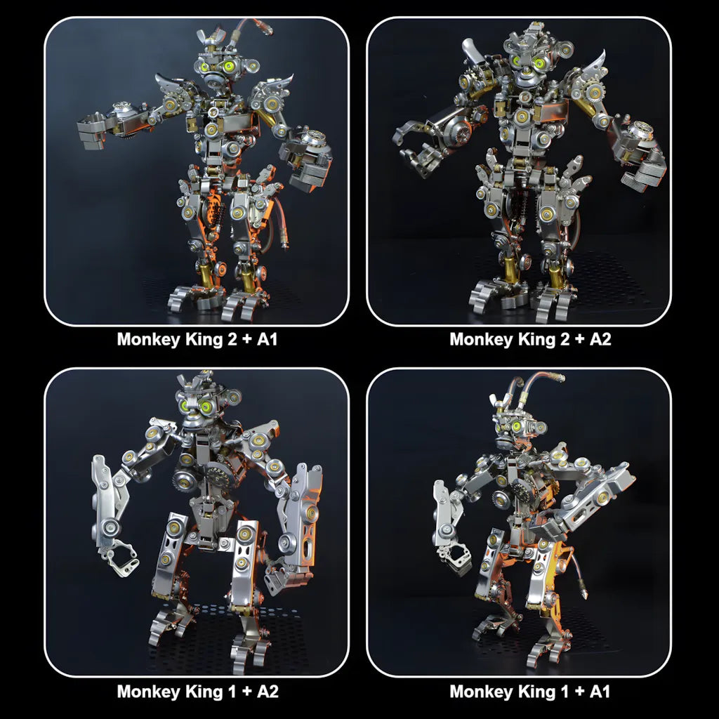 A multi-panel display of the Mechanical Monkey King in different poses, showcasing the model's flexibility and potential variations