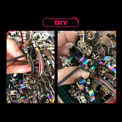 A macro action shot showing the intricate DIY assembly of the mechanical dragon, highlighting the colorful iridescent metal plates.
