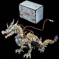 The complete DIY kit for the Mechanical Oriental Dragon, showing the assembled model alongside its premium product packaging box.