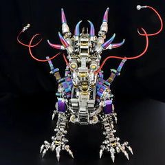 A front-angle view of the Mechanical Oriental Dragon, highlighting its intricate head and iridescent scales.