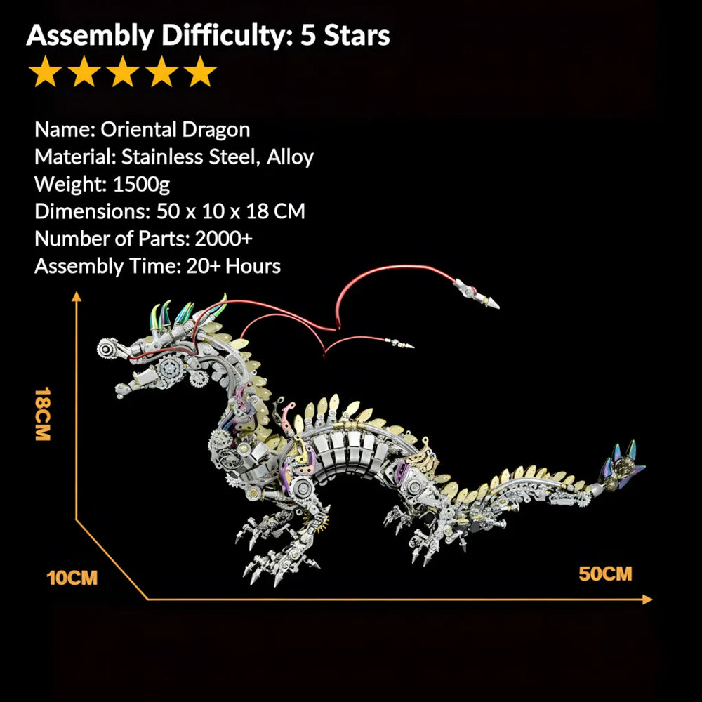 An informational graphic for the Oriental Dragon, detailing its 5-star difficulty, 2000+ parts, 50cm dimensions, and 20+ hour assembly time.