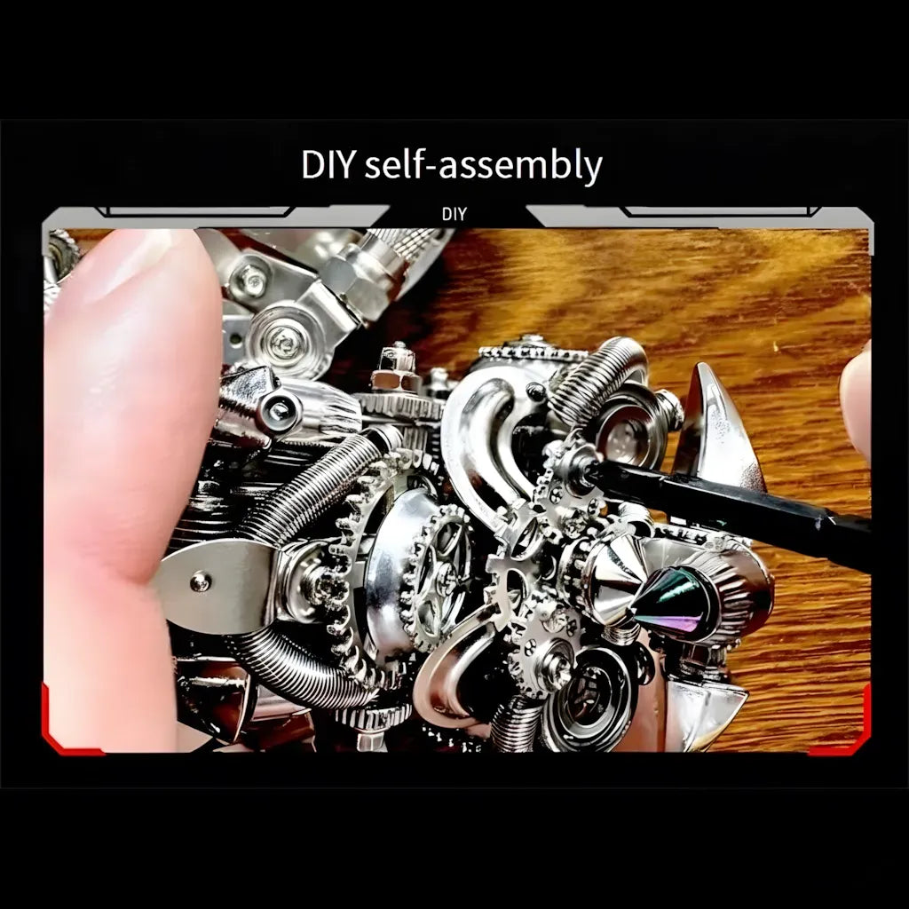 A close-up action shot showing a hand using a screwdriver to assemble the intricate metal and gear parts of the mechanical owl kit